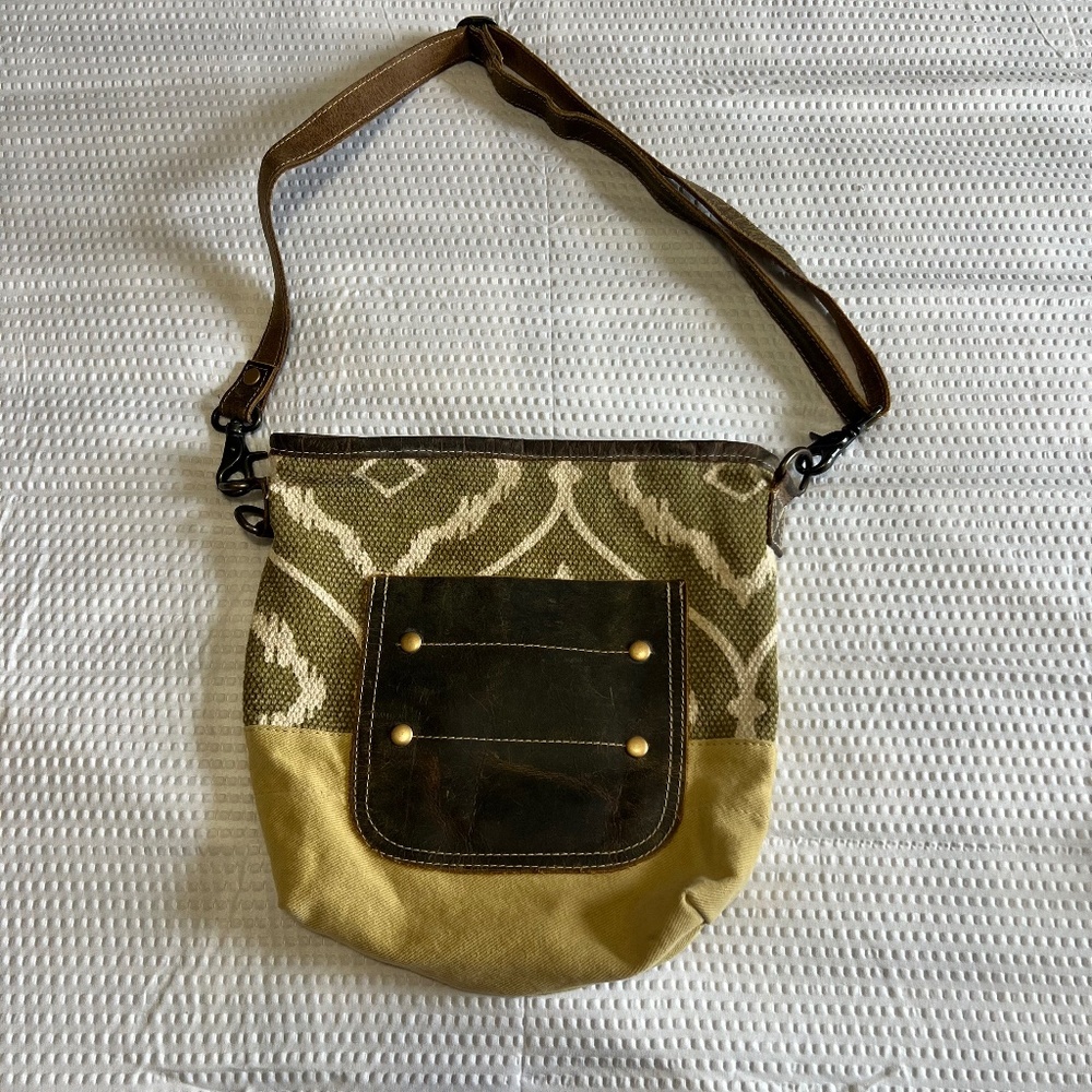 Myra Bag Boho Canvas Leather Crossbody Shoulder Purse Green Khaki Rustic Style